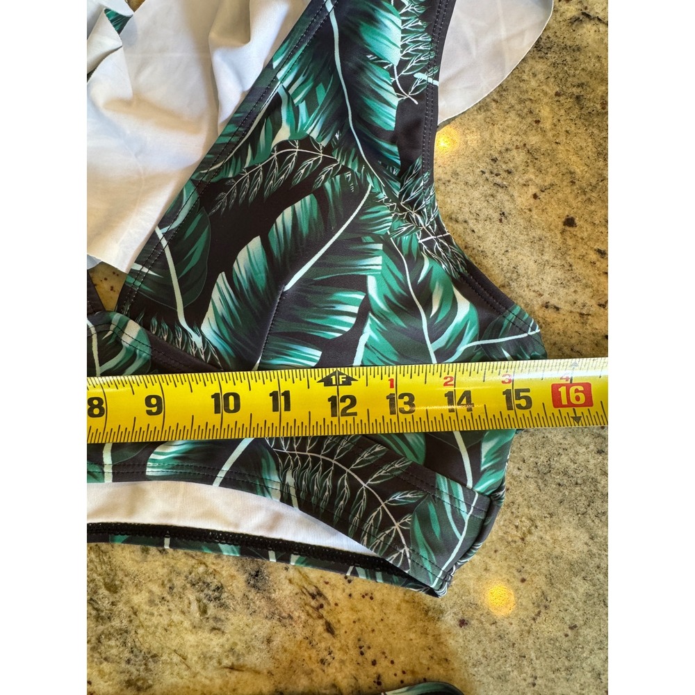 Tropical Green Leaf Ruffle High Waisted Bikini Set Two Piece Swimsuit Small - Picture 4 of 13